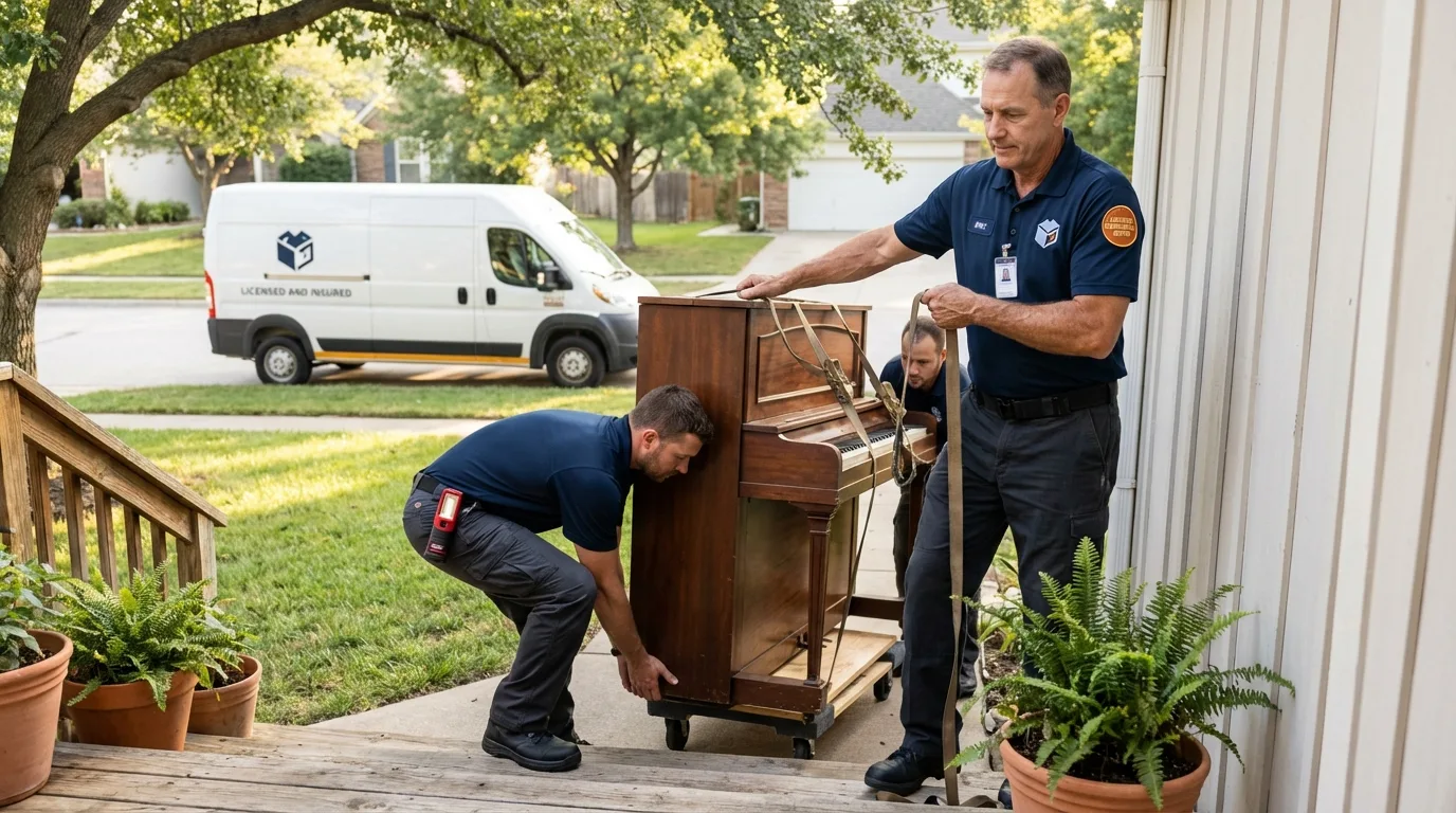Licensed piano movers securing grand piano in Rugby, ND