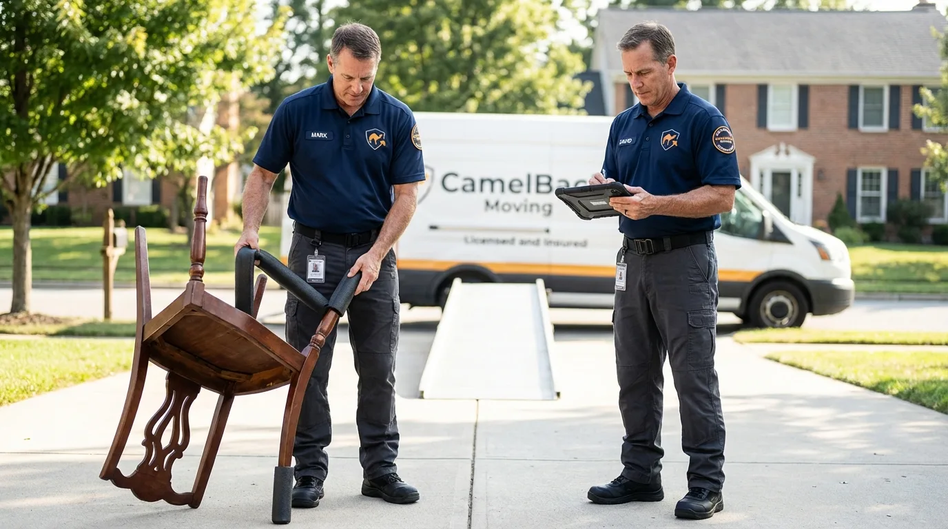 Movers inspecting furniture for damage prevention before loading in Rugby, ND