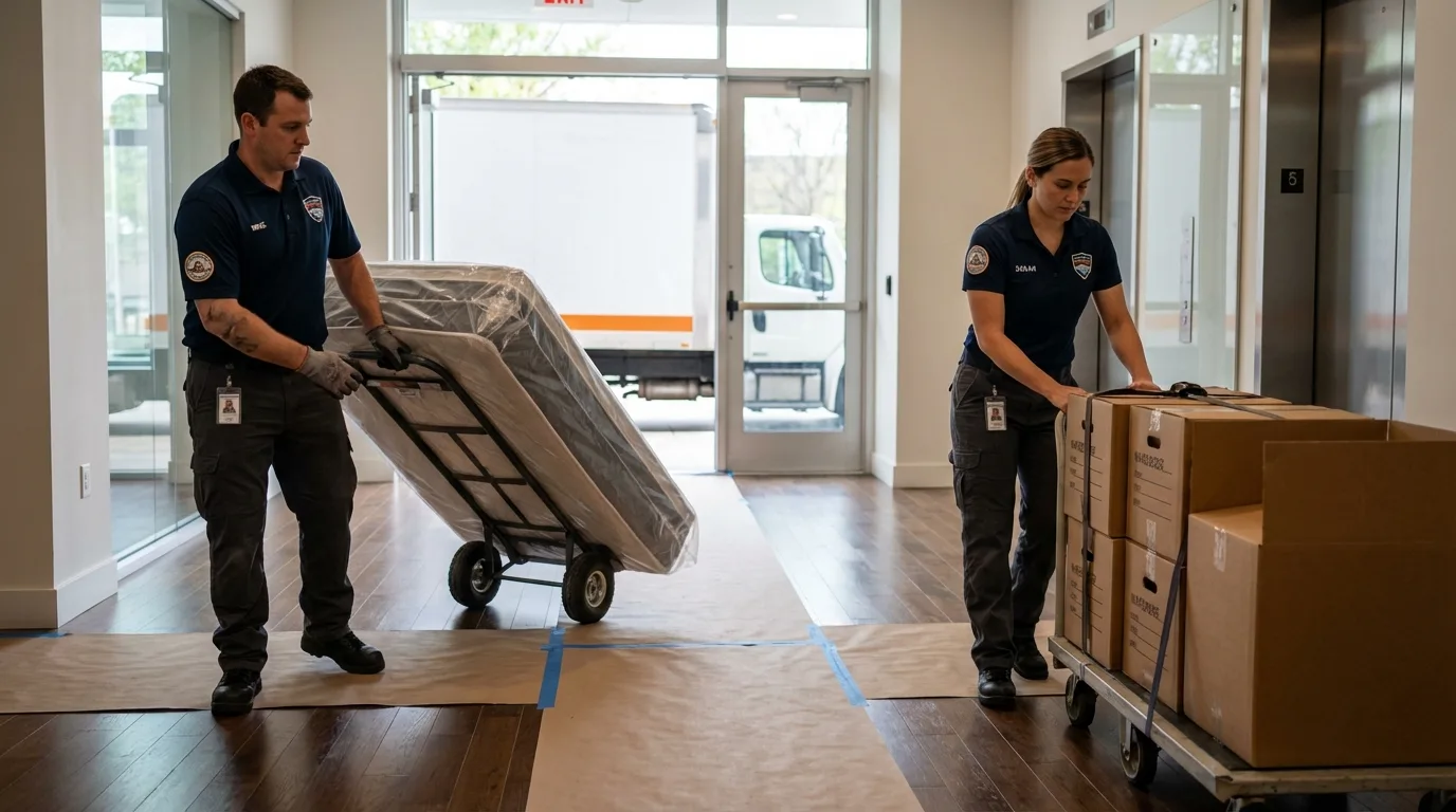 Professional apartment movers loading elevator in Rugby, ND