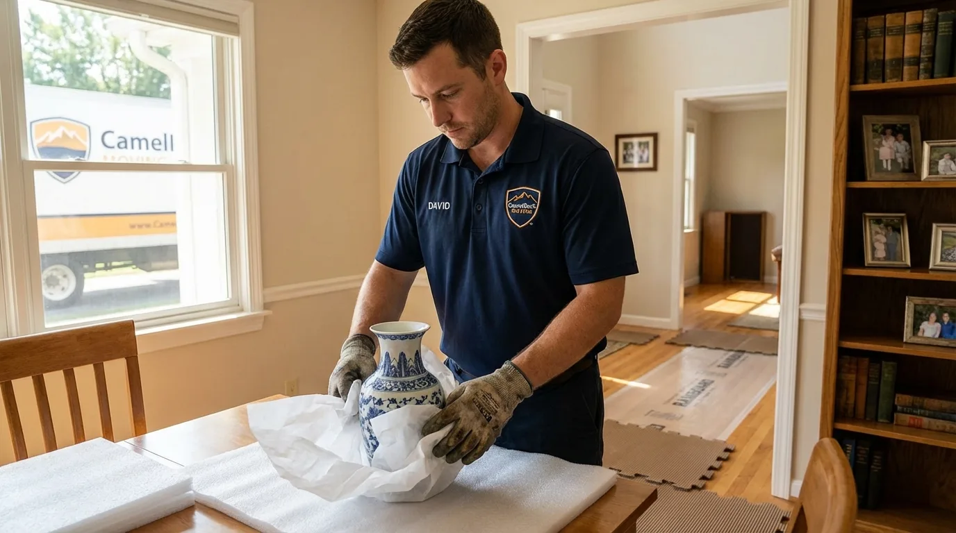 Professional crew carefully wrapping antique vase for senior downsizing move in Rugby, ND