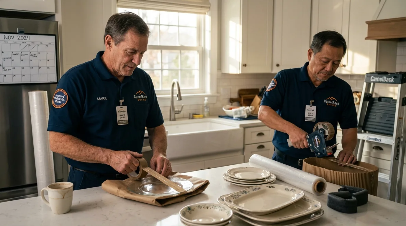 Professional crew packing kitchen dishware in Rugby, ND